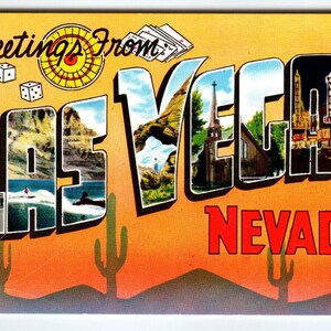 Salutations de Las Vegas Nevada vintage grande carte postale chromée lettre cactus