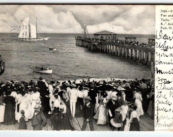 Vintage Asbury Park NJ Fishing Pier & Yacht "Emma B." 1906 Postcard