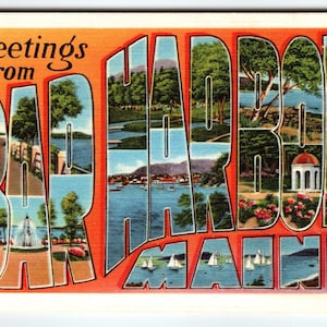Salutations de Bar Harbor, Maine, grande lettre vintage des années 1950, carte postale en lin, 1953