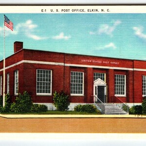 Carte postale en lin vintage Elkin de Caroline du Nord, immeuble du bureau de poste des États-Unis