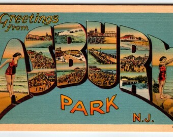 Vintage Greetings from Asbury Park NJ Large Letter Linen Postcard Swimmers Beach
