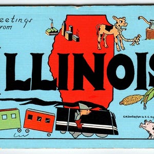 Carte postale Salutations de l'Illinois Railroad Train à vapeur Cochon Vache Linen Kropp