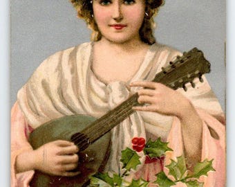 Christmas Postcard Lute Mandolin Guitar Women Musician Embossed Poinsettia 1907