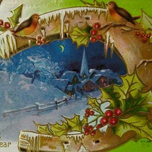 Carte postale du Nouvel An oiseaux sur fer à cheval orange marron Nash vintage 38 Detroit 1912 cadeau unique