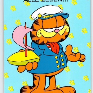 Garfield Niederländische Postkarte Orange Tabby Katze verkleidet als Sailor Capt Jim Denims 1978