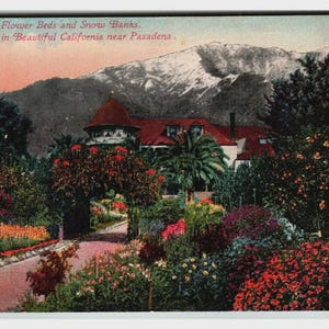 May include: Vintage postcard featuring a winter scene in California near Pasadena. The image shows a house with a red roof surrounded by lush gardens and snow-capped mountains in the background. The text reads "Flower Beds and Snow Banks."