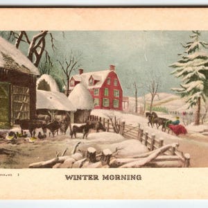 Currier & Ives Weihnachtspostkarte Vintage Wintermorgen Pferdewagen Schlitten Farm