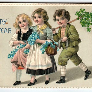 Carte postale Nouvel An enfants irlandais trèfles fleurs trèfles BW série 311 Allemagne