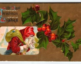 Vintage Weihnachtspostkarte mit Holly Berries Prägung
