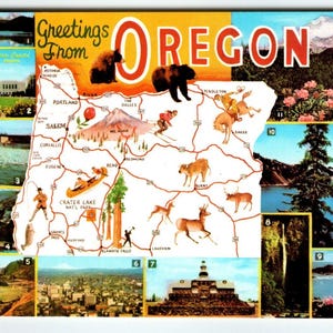 Carte postale carte de l'état de l'Oregon Greetings From Ours bruns chromés vintage 1966