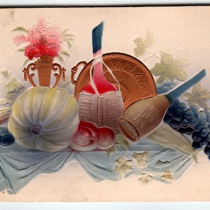 Carte Postale Thanksgiving Avec Relief Profond Bouteilles Vin Citrouille Raisin Allemagne Antique