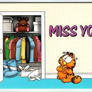 Carte postale Garfield Cat Miss You Jim Davis 1978 Tabby Cartoon Lonesome Kitty NOS Cadeau unique