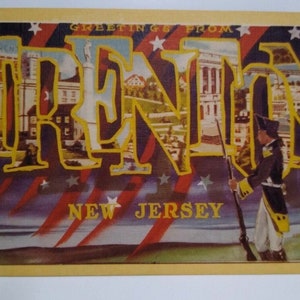 Greetings From Trenton New Jersey Postcard Large Big Letter Patriotic Buildings Unique Gift