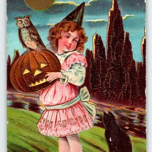 Halloween Antike Postkarte Mädchen Mond Schwarze Katze Eule JOL Sanders 1909 Geprägt