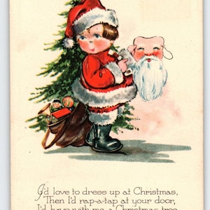 1925 Gibson Art Company Weihnachtspostkarte – Kind im Santa-Outfit mit Spielzeugtasche