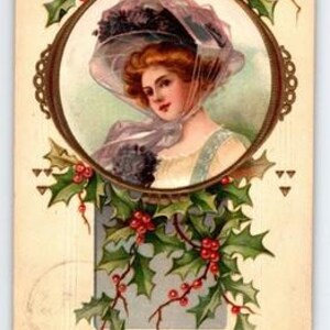 Vintage Antique Christmas Postcard 1900s Victorian Woman Holly