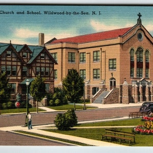 Carte postale Wildwood New Jersey Église catholique romaine St Ann Vieille voiture Linge de maison sans envoi