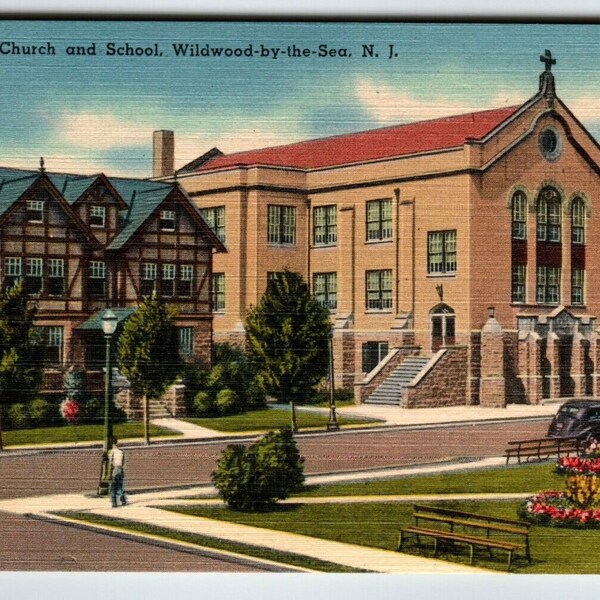 Wildwood New Jersey Postcard St Ann Roman Catholic Church Old Car Linen Unposted Unique Gift