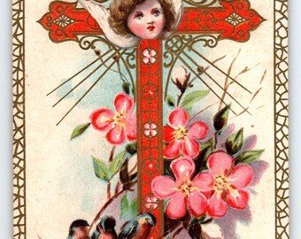 Easter Glory Greetings Postcard Holy Cross Cherub Angel Birds Embossed Flowers