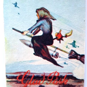 Easter Witches Postcard Fantasy Glad Pask On Broom Rocket Powered Tea PotSweden Unique Gift