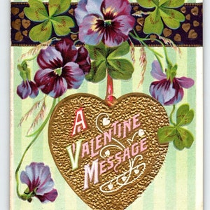 Carte postale Saint-Valentin coeur or pensées fleurs en relief vintage 1912 série 104 cadeau unique