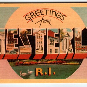 Grande carte postale en lin avec grandes lettres City Greetings from Westerly Rhode Island Dexter