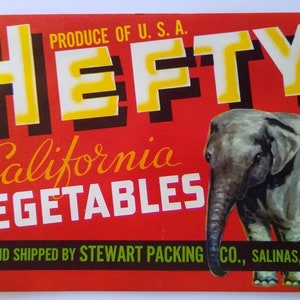 Hefty Elephant Vegtables Crate Label California Original Vintage 1950&#39;s Stewart Unique Gift
