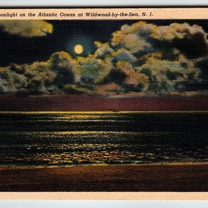 Carte postale Wildwood By The Sea New Jersey Moonlight Card Beach Ocean Linen inutilisé Cadeau unique