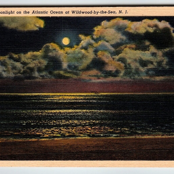 Postcard Wildwood By The Sea New Jersey Moonlight Card Beach Ocean Linen Unused Unique Gift