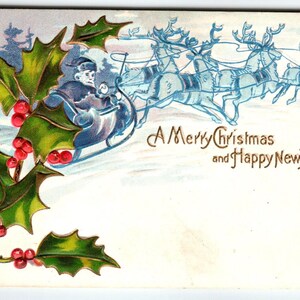 Carte postale de Noël Père Noël bleu renne en relief vintage bonne année cadeau unique