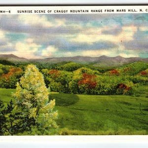 Carte postale en lin Mars Hill, Caroline du Nord, lever du soleil, chaîne de montagnes escarpée, NC