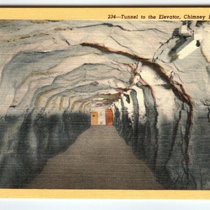 Carte postale Tunnel to the Elevator Chimney Rock Caroline du Nord vintage lin inutilisé cadeau unique
