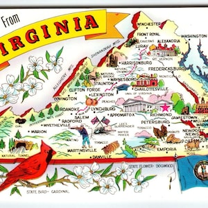Postkarte Greetings from Virginia Landkarte Chrom Kardinalvogel Old Dominion State Einzigartiges Geschenk