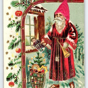 Carte postale de Noël du père Noël, chapeau en soie du vieux monde, robe marron, jouets Autriche 1913, cadeau unique