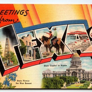 Carte postale d'État Salutations du Texas, grande et grande lettre, lin inutilisé Tichnor