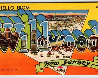 Hello Greeting From Wildwood New Jersey Linen Large Letter Postcard Beach Unused