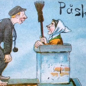 May include: Vintage postcard illustration featuring a chimney sweep and a person in a chimney. The chimney sweep, wearing a black outfit and cap, looks at the person in the chimney. The text "Glad Påsk!" is written in black script.