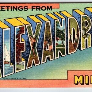Carte postale grande lettre, Grandes lettres, Greetings From Alexandria, Minnesota, Linen Curt Teich, cadeau unique