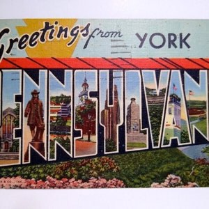 Carte postale en lin, grande grande lettre, York, Pennsylvanie, PA, pittoresque, 1950, cadeau unique
