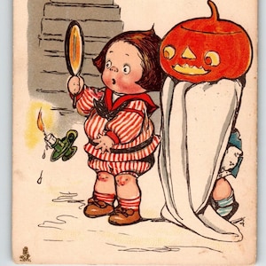 Halloween Postcard Tuck 1915 G.G. Wiederseim Girl Candle Mirror Ghost Goblin 807 Unique Gift