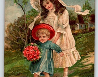 Birthday Greetings Postcard Girls Outside Flowers Cottage EAS Germany Embossed Unique Gift