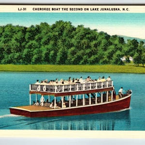 Cherokee Boat Lake Junaluska Carte postale en lin de Caroline du Nord inutilisée NC à deux étages Cadeau unique