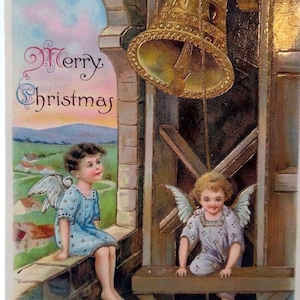 Christmas Fantasy Postcard Cherub Angels Gold Bell EAS High Gloss Card Germany