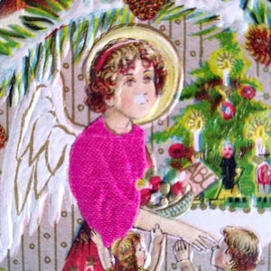 Ange Noël fantaisie carte postale tissu en soie gaufré Autriche enfants arbre cadeau unique