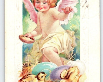 Easter Postcard 1910's Cherub Angel Baby Chics Eggs Embossed Greetings 1913
