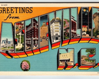 Greetings From Asheville North Carolina Large Big Letter Linen Postcard Unposted Unique Gift