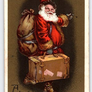 Weihnachtsmann-Weihnachtspostkarte 1910er Jahre Saint Nick hält Koffer-Vintage Prägung