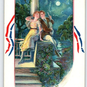Romanze Postkarte Mann spielt Gitarre reizende Frauen Vollmond Geprägte Vaterländischer 246
