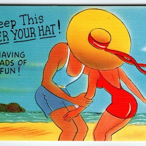 Gardez cela sous votre chapeau - amusez-vous bien ! Carte postale en lin Beach Kiss années 40