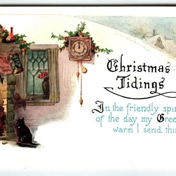 Christmas Tidings Postcard Black Cat Fireplace Clock Vintage Embossed Series 201 Unique Gift